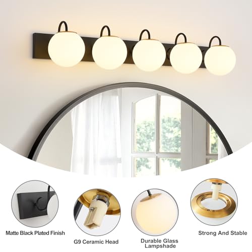 Image of Vintage Matte Black Bathroom Vanity Light Fixtures Over Mirror 5 Lights
