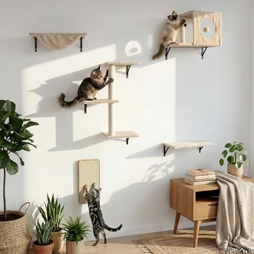 Kit de Muebles de Pared para Gatos con Rascador y Estantes Beige miniatura 1
