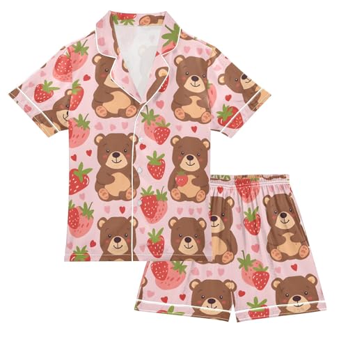 ALAZA Cartoon Strawberry Bear Pajamas Satin Pajama Set Short Sleeve Button Down Sleepwear