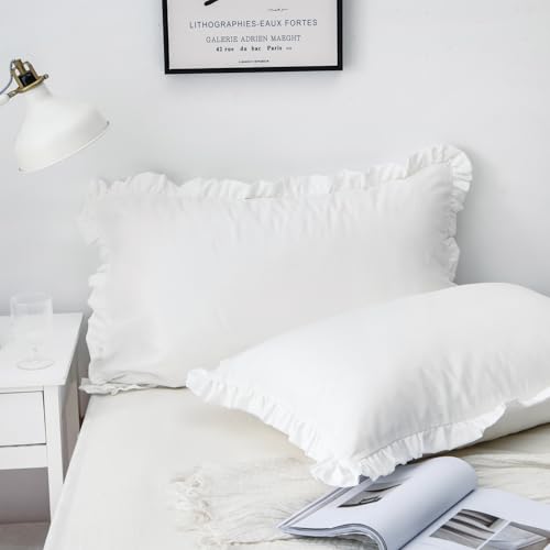 SnugLoom White Pillow Shams Standard Size Set of 2, 100% Brushed Microfiber White Ruffle Pillow Cases Set of 2 - Super Cozy and Soft, Wrinkle, Fade, Stain Resistant with Envelope Pillowcases 20 x 26