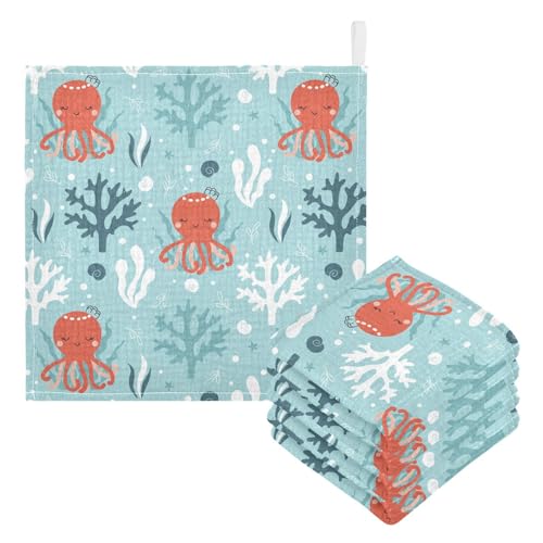 Image of vvfelixl Baby Muslin Washcloths Octopus Swimming Underwater Baby Burp Cloths Cotton Baby Face Towel for Newborn Infants Boys Girls Soft and Absorbent 11.8 X 11.8 in, 3 Pack
