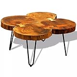  Festnight Mesa de 2 Troncos Centro con Patas de Hierro,Mesa Auxiliar,Madera Maciza de Sheesham, 65x65x35cm,Marrón