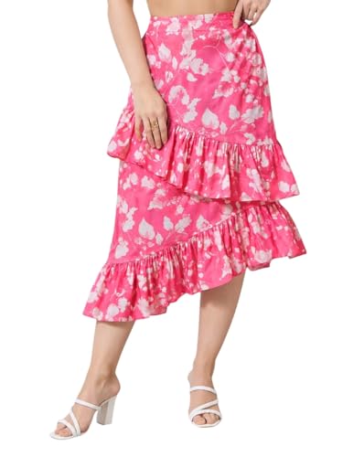 Image of OOMPH! Women Floral Printed Asymmetric Ruffled Midi Skirt | Elegant Flowy Fit | Mid-Rise | Lightweight & Breathable | Flared Hem | Summer Casual Skirt