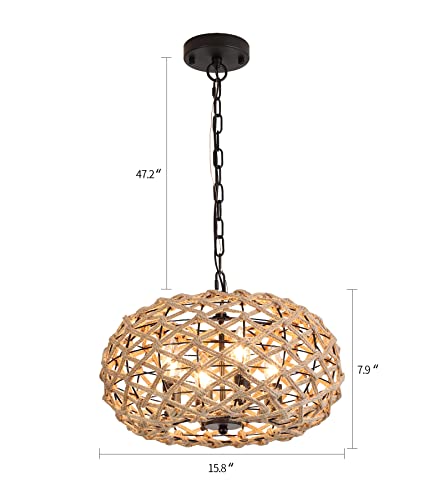 Amzasa Boho Chandelier,Rustic Rattan Basket Woven Hemp Rope Pendant Light Coastal Light Fixture 4 Lights Farmhouse Wicker Hanging Lighting For Dining Table Kitchen Island Bedroom Ul Listed #TOP5
