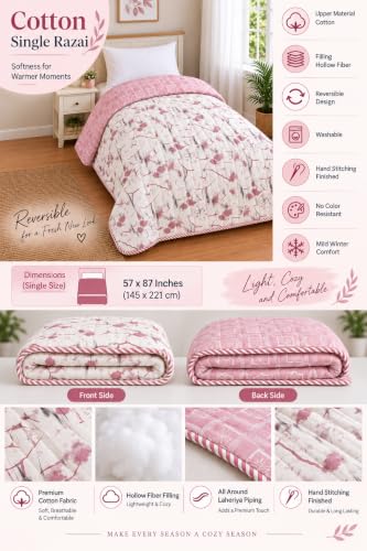 Image of RRC Floral Print Cotton Jaipuri Comforter for Single Bed | White & Green Lightweight AC Rajai | 200 GSM Quilt | Summer Comforter Pack of 1