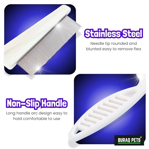 Image of Buraq Flea Comb for Cats and Dogs Large Stainless Steel Grooming Comb for Removing Fleas Ticks Lice Eggs and Dirt with Anti Slip Handle Suitable for All Hair Types