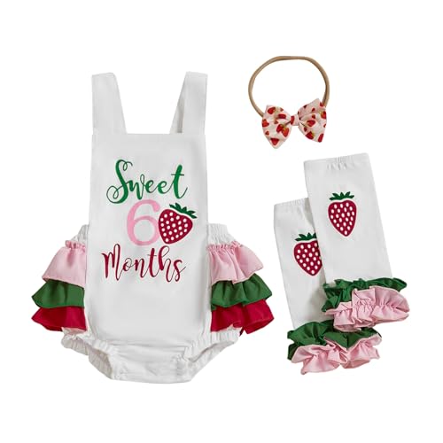 Baby Girl Half Birthday Outfit Doughnut Strawberry 6 months Romper Sleeveless Bodysuit +Leg Warmers Summer Clothes