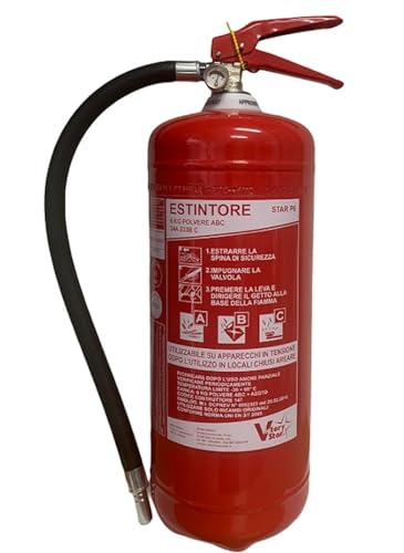 Estintore Portatile 6 KG a Polvere ABC Non Tossica - Certificato e Omologato - Cartello e Staffa inclusi - Dotato di Manometro - Dispositivo Professionale per Casa, Uffico e Aziende