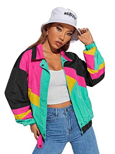 SweatyRocks Womens Windbreaker Casual Lightweight Color Block Retro Bomber Jacket Teal Pink Black Large