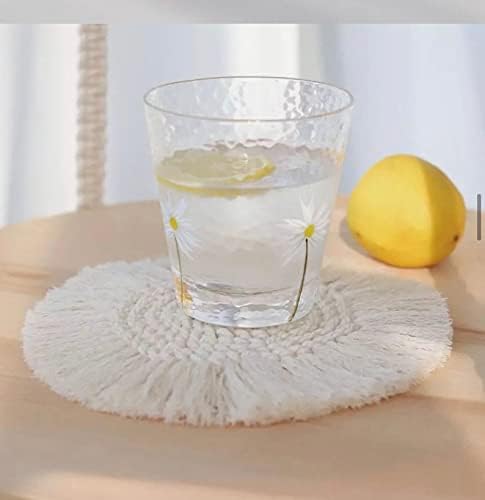 MTRXX Handmade Macrame Coasters Set of 4 – Boho Cotton Drink Coasters with Fringed Edges, 4-Inch Round Cup Mats for Tea, Coffee & Home Decor, Beige Bohemian Table Accessories