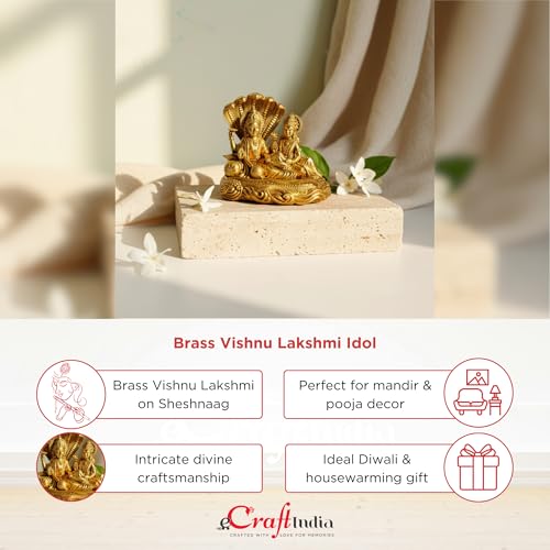 Image of eCraftIndia Brass Vishnu Lakshmi Idol with Sheshnaag | God Murti for Home Decor, Pooja, Temple & Diwali Housewarming Gift