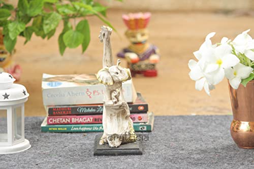 Image of Resin Elephant on Tree with Baby Elephant Statue Animal Figurine On Wooden Base for Feng Shui and Vaastu Statue (14.5X9X23.5 cm, Off White)