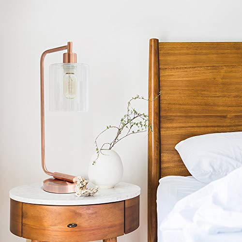 Simple Designs LD1036-RGD Bronson Antique Style Industrial Iron Lantern Desk Bedside Glass Shade Table Lamp, Rose Gold thumb #3