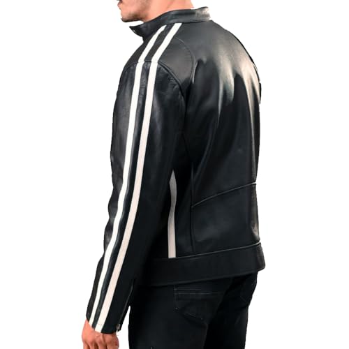 Mens Black Cafe Racer Vintage Motorcycle White Stripes Leather Jacket Retro Biker Leather Jacket3