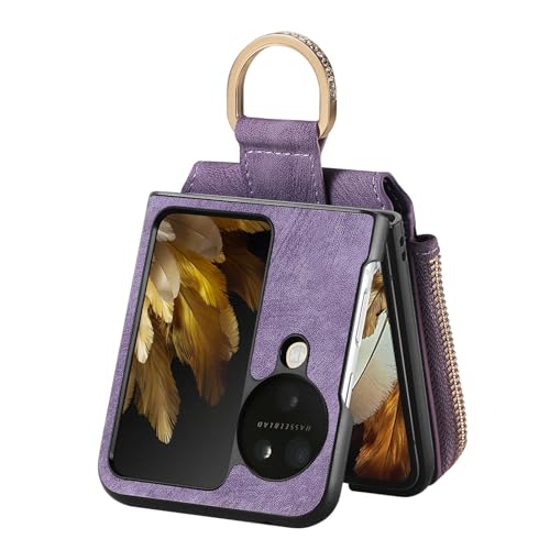 COQUE Shell Oppo Find N3 Flip Protective Cover,Magnetic Folding Zipper Wallet Card Slot Mobile Phone Leather Case for Oppo Find N3 Flip-Purple