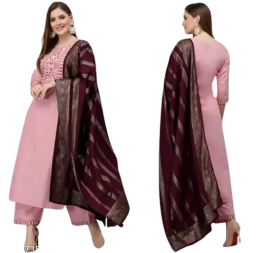 Women's Cotton Kurti Dupatta Pant Set | Solid Pattern | 3/4 Sleeve Stitched Kurta with Bottomwear & Dupatta Color Foil Pink