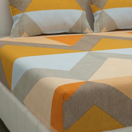 Image of Filymore Double Fitted Bedsheet with 2 Pillow Covers | Orange Grey Geometric Printed Bedsheet for Double Bed | 240 TC Soft Microfiber Size 72x72 inches