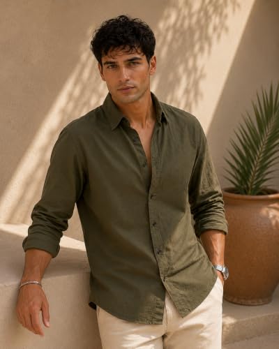 Image of Men Linen Cotton Full Sleeve Shirt for man | Mens Casual Shirt |Shirts for Men Stylish | Men Shirts | Casual Business Party Festival Regular Fit