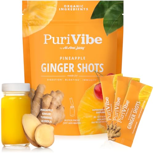 PuriVibe Ginger Shots Juice Powder, Pineapple, Turmeric, Immunity, 30 Packs