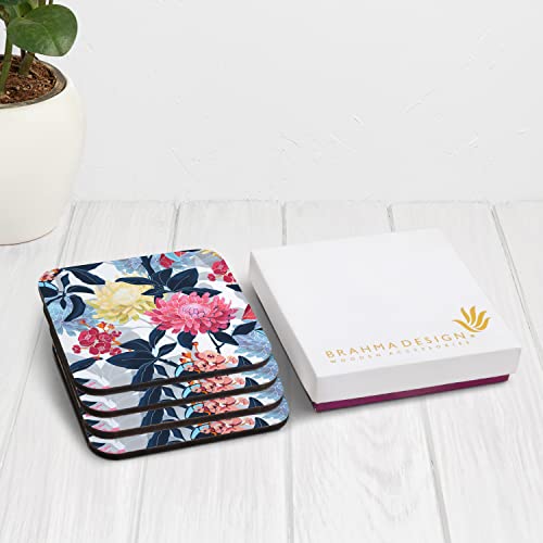Image of Wooden Coaster Set with Gift Box | Mia Floral Design | Set of 4 Tabletop Square Coasters 3.75 inch x 3.75 inch | Kitchen Table Wooden Decorative Items | for Cups, Mugs, Cans, Glasses