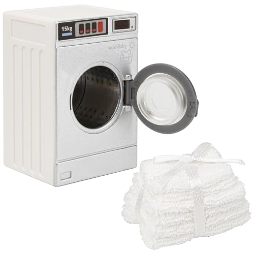 Miniature Washing Machine Dollhouse 1/24 Scale & Miniature Towel Set 1/12 Scale, Openable Lid Washer Dryer, Mini Laundry Appliance Model, White Mini Towels,...