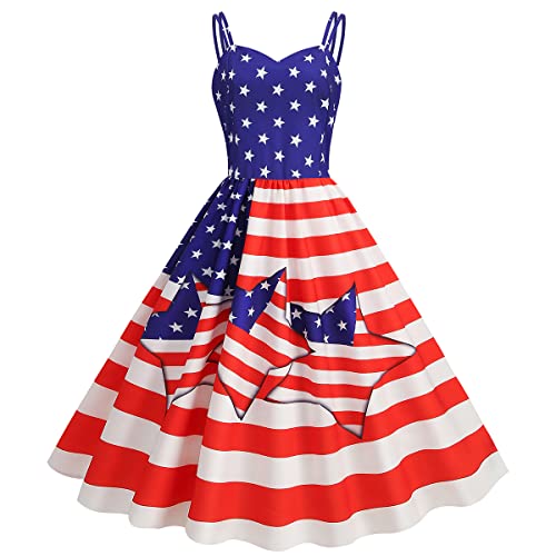 Image of OBEEII Womens 4th of July Dress Retro Spaghetti Strap American Flag Midi Dress Summer Cocktail A-line Swing Dress