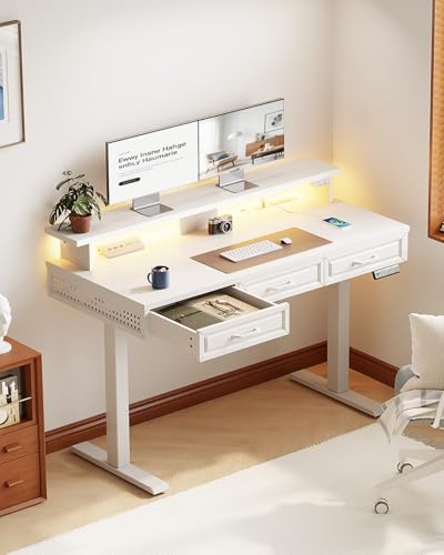 Image of OffiGo Electric Standing Desk with 3 Wooden Drawers, 48 Inch Height Adjustable Desk with Power Outlets & LED Lights, White Sit Stand Table with Monitor Stand for Home, Office, Workstation