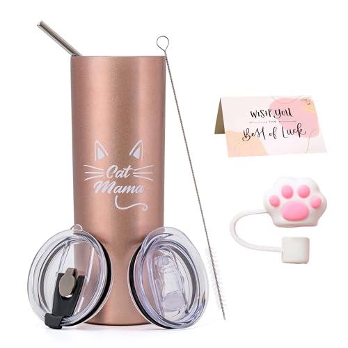 JNSMFC Tazas de Cat Mom para Mujeres,Taza de Regalos de Cat Mom para Cumpleaños,Taza de viaje para los Amantes de los gatos,20 Oz Tazas de viaje de acero inoxidable aislado con tapa y pajita,Oro rosa