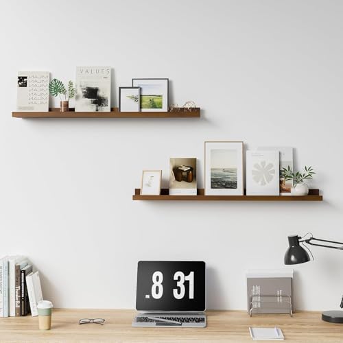 Image of Wooden Wall Mounting Shelves for Decorative Wall Shelf for Books, Decor, and Display - Elegant Space-Saving Design, 34 Inch, Teak Finish, Set of 2