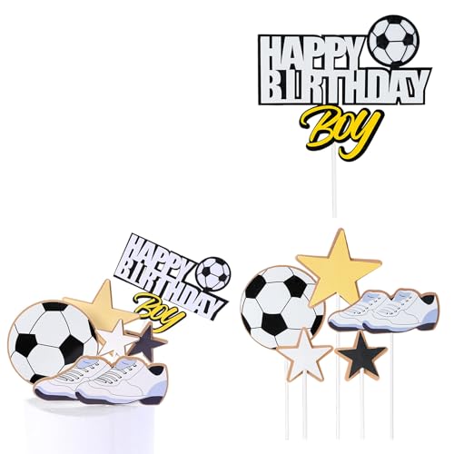 URYVAIW Conjunto de decoração de bolo de futebol, 1 conjunto, Topper « Happy Birthday » Toppers bola / estrelas/sapatilhas, 13 x 11 cm, para aniversários e crianças e festa de futebol, reutilizável