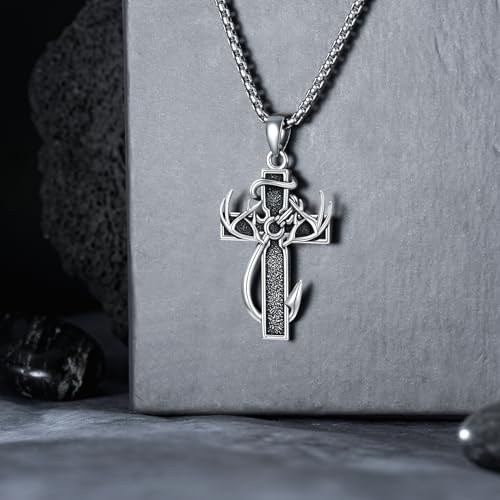 Cross Necklace for Men - 925 Sterling Silver Cross Deer Antler Fish Hook Pendant - Hunting Jewelry Gifts 22+24