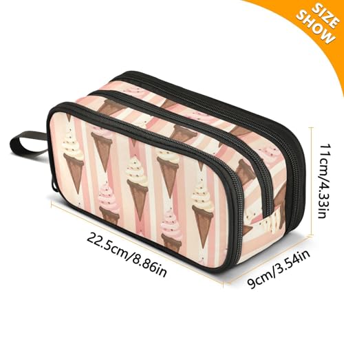 Image of ALAZA Striped Pink Ice Cream Large Pencil Case, Pen Pouch Pencil Bag with 3 Compartments Pen Holder Organizer Stationery Bag