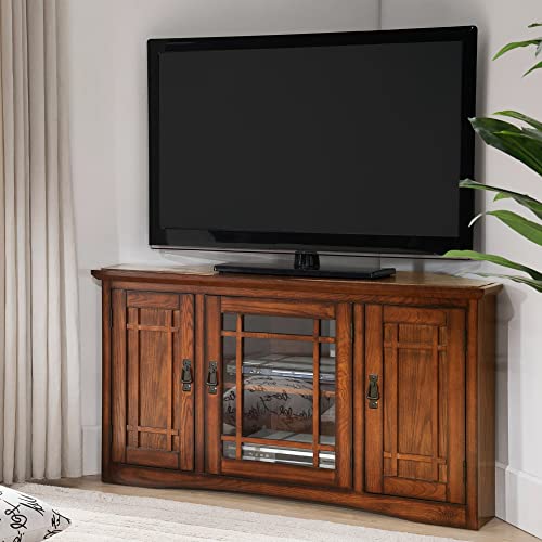 Leick Home 82385 Solid Wood Mission Corner TV Stand for 50" TVs, Living Room Entertainment Center with Three Doors and Storage Shelves, Mission Oak - Image 3