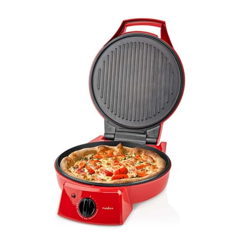 Nedis 12" Electric Pizza Maker & Table Top Grill, Indoor Portable Pizza Oven with Non-Stick 30cm Plates, 3 Heat Settings, Max 230°C - Retro Red