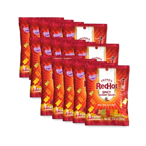 Huer - Frank's RedHot Original Spicy Gummy Bears 15 Pack - Sweet, Spicy, Salty, Fruity Candy - 6 Flavors - A Fiery Twist on Classic Gummies - 3.52oz Bags (Pack of 15)