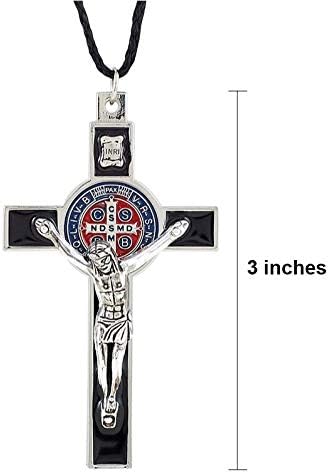Miniatura 6 de Colgante de crucifijo de San Benito con acento plateado y esmalte negro, 3 pulgadas, Esmalte Metal, No es una piedra preciosa