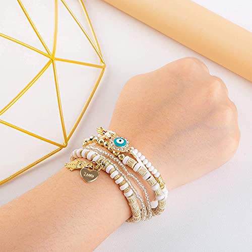 DAGALE Bohemian Evil Eye Multilayer Hamsa Hand Bracelets, Multicolor Crystal Beaded Lucky Protection Bangles Strand Boho Tassel Pendant Bracelets