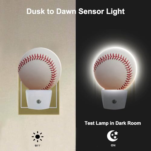 Image of Home Baseball Decorative Night Light Sports Theme White and Red Baseball Laces Softball Laces Night Lights Plug into Wall with Dusk to Dawn Sensor for Boys Men Room Decor