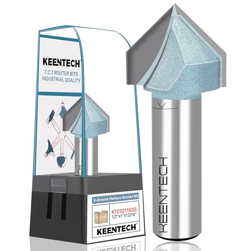 KEENTECH Router Bits, Carbide Tipped 90-Degree V-Groove Router Bit for Grooving, Industrial Grade Cutting Tools for Woodworking (1/2 Inch Shank x 1 Inch Diameter x 13/16 Inch Depth, KT03011608)