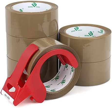 BOMEI PACK Brown Packing Tape with Dispenser, 2.4 Mil 1.88 Inch x 60 Yards, 6 Refills Rolls Packaging Tape for Moving, Shipping and Storage