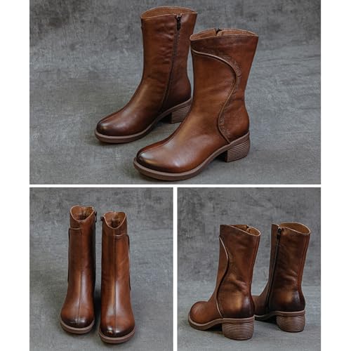 Women's Genuine Leather Chunky Block Heel Mid Calf Boots Retro Pattern Round Toe Side Zipper Soft Sole Casual Boots Simplicity Comfortable Mid Knee Boots3