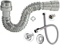 Sifão Sanfonado Pia Flexível Extensível Universal Cromado + Flexivel Trançado Inox 40 cm