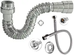 Sifão Sanfonado Pia Flexível Extensível Universal Cromado + Flexivel Trançado Inox 40 cm
