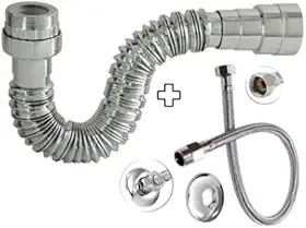 Sifão Sanfonado Pia Flexível Extensível Universal Cromado + Flexivel Trançado Inox 40 cm