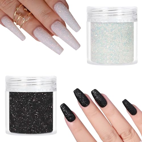 Laza 2 Jars Black and White Nail Shimmer Snow Powder Diamond Dust Pixie Sparkle Fairy Shiny Nail Art Decoration Sugar Glitter for French Manicure
