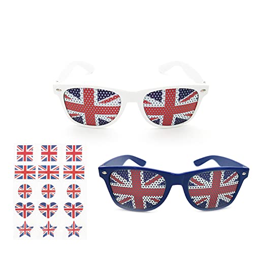 ZWZNBL 2 paires de lunettes Union Jack, lunettes de soleil vintage, décorations de fête du jubilé de platine pour bord de mer, fêtes, festivals, avec 15 autocollants de tatouage Union Jack Cover