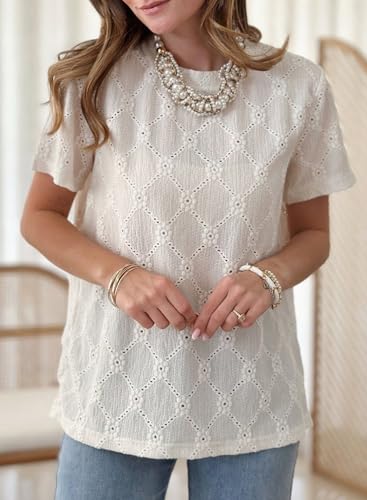 Dokotoo Women's Tops Casual Scoop Neck Short Sleeve Eyelet Embroidered Hollow Out Blouses Shirts3