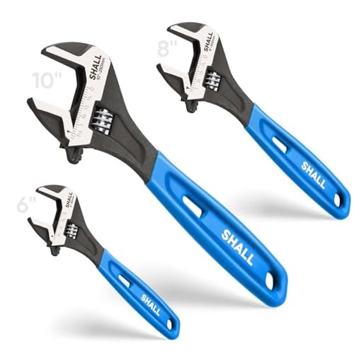 SHALL 3-Piece Adjustable Wrench Set, 10/8/6 Inch Cr-V Steel Wrench with Cushion Grip, Wide Jaw Black Oxide Wrench with Laser-etched SAE Scales for Home, Garage, Workshop and DIY, Dark Blue