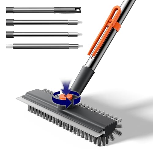 HelpX Small Floor Scrub Brush with Length Adjustable Long Handle 3 in 1 Heavy-Duty Stiff Bristle Scrubber Brush with Squeegee and Tweezer for Cleaning Bathroom Tile Deck Patio Garage and Kitchen