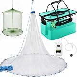Relaxgiant 3 Pcs Fishing Bucket Live Bait Aerator and Fishing Cast Net with Heavy Duty Sinker Foldable Live Bait Bucket Portable Quiet Aerator 4 Gallon Fish Transport Container Outdoor EVA Bag(Blue)